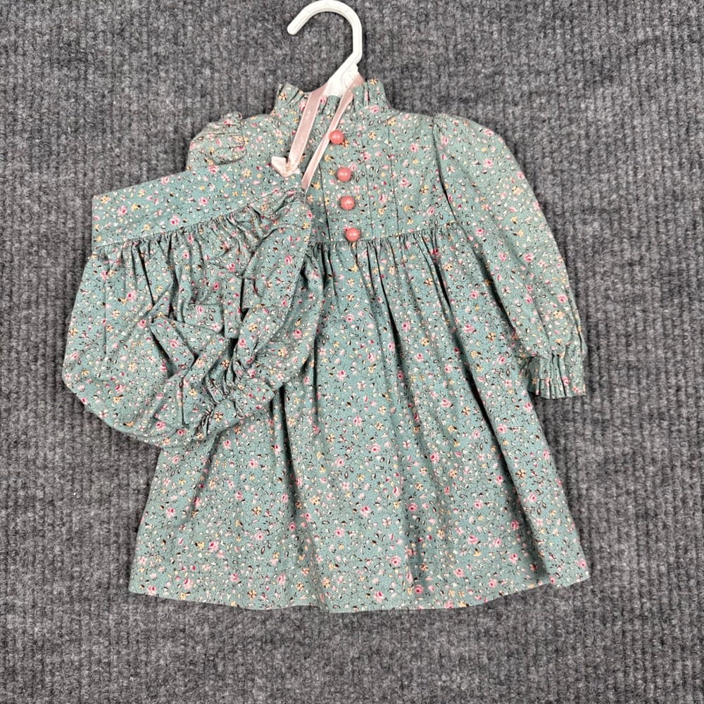 Vtg Floral Dress Girls 12M Green Pink Prairie Bonnet Long Sleeve Ruffle Trim